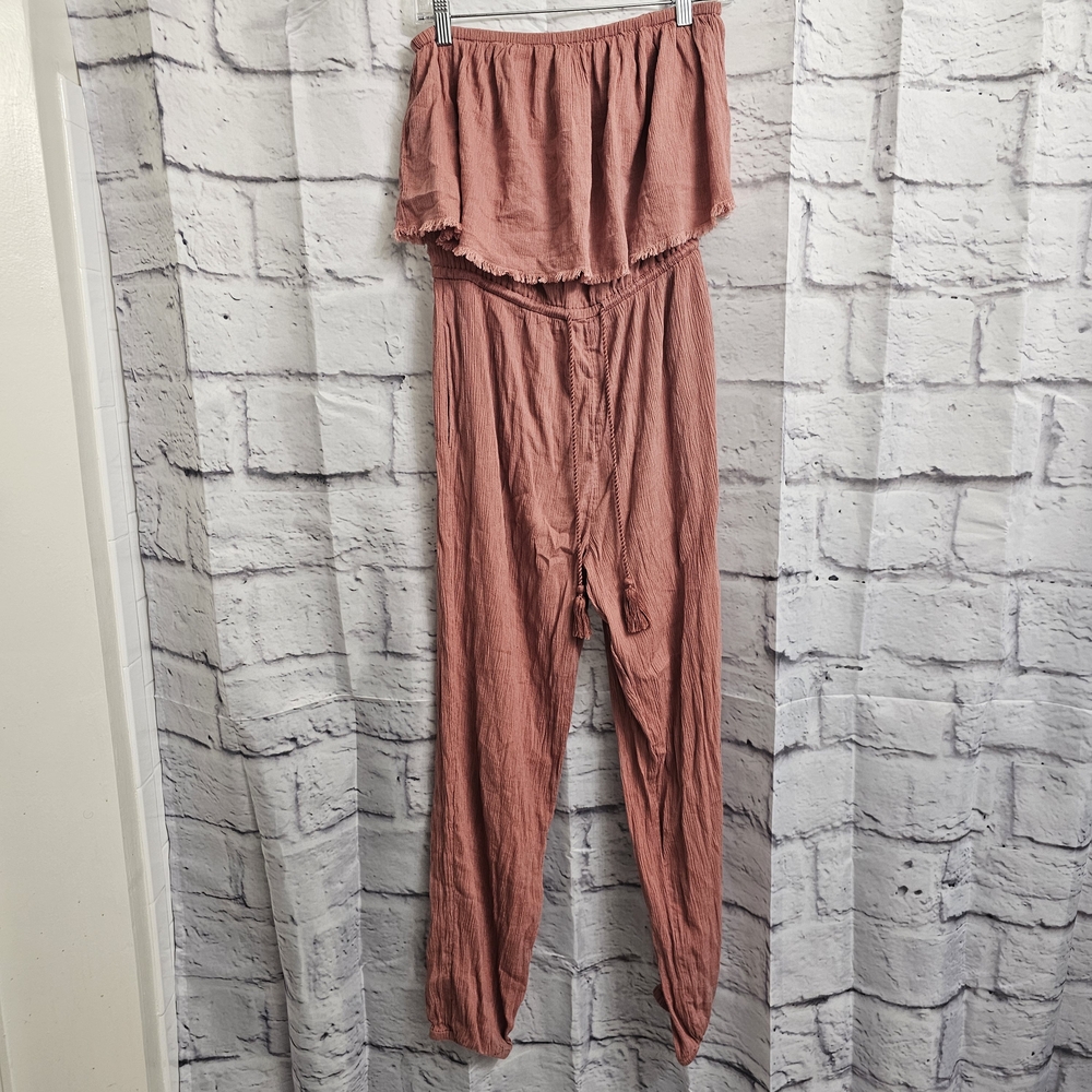 Aerie Pink Strapless Jumpsuit with Flowing Design